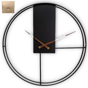HSXL – Große minimalistische Wanduhr aus schwarzem Metall – 60 cm – schwarze Uhr mit Holzzeigern