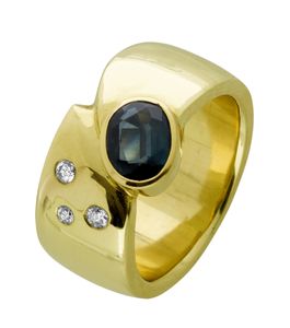 Saphir Ring Gelbgold 585 14 Karat 1  blau  Saphir Edelstein 3 Brillanten Total 0,10ct TW/VS Görg Zertifikat 18