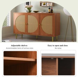 Merax Kommode Sideboard mit 6 Fächern, 3 Rattan-Türen und Metallbeine, Rattan Wohnzimmerschränke Massivholz im Vintage-Stil, 129.8*40*76cm