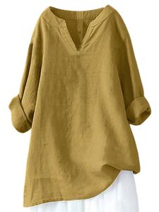 Damen Blusen V-Ausschnitt Langarmshirts Sommer Tops Baumwollshirt Leicht Weich Oberteile Gelb,Größe 3XL