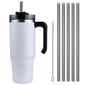 Edelstahl Vakuum Isolierbecher Doppelwandiger mit Griff Strohbürste und 5 Strohhalm Becher Tumbler Tragbare Autobecher  für Wasser, Kaffee, Smoothie, Weiß, 8, 30oz