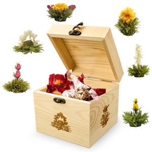 Creano ErblühTee Holz-Dekobox, Teeblumen Mix Geschenkset mit 6 Teerosen, Weißer Tee in edler Teekiste