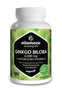 Ginkgo Biloba 6.000 mg hochdosiert + natürliches Vitamin E + Acai, 100 vegane Kapseln