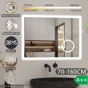 Badspiegel mit Bluetooth 70×50cm Uhr Schminkspiegel Warm/Neutral/Kaltweiß dimmbar Memory Touch/Wandschalter Beschlagfrei Wandspiegel Spiegel mit Explosionsgeschützte