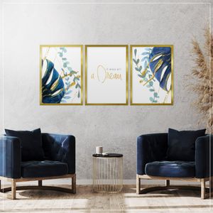 Estika Bilder set mit Gold rahmen -Blau Monstera- Wählen größe (3x A3 ) - Moderne deko poster set, Wandbild wohnzimmer oder schlafzimmer