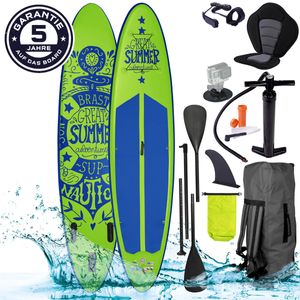 BRAST SUP Board Summer Aufblasbares Stand up Paddle Set 320x81x15cm Grün inkl. 2in1 Paddel Kajak-Sitz Action-Cam-Halterung Fußschlaufe Pumpe Rucksack
