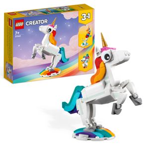 LEGO 31140 Creator 3in1 Magisches Einhorn Spielzeug, Seepferdchen, Pfau, Regenbogen-Einhorn-Tierfiguren, Geschenk für Mädchen und Jungen, baubares Spielzeug