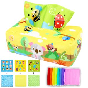 Babyspielzeug Montessori Spielzeug, Sensorik Spielzeug gelb Tissue Box Spielzeug, enthalten Farbiges Tuch Sensorisches Tuch Babyspielzeug, Geschenk ab 6 Monaten, 1 2 3 Jahre