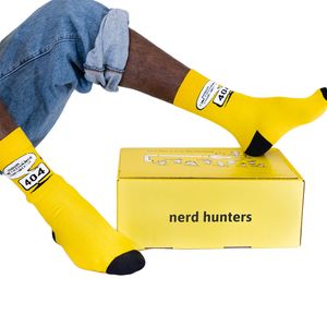 Nerd hunters Socken Unisex Bunt Baumwolle Hoch Lustig Premium, Error 404, Gelb, 37-41