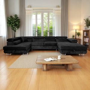 Ecksofa Aller U mit Schlaffunktion, Zwei Bettkästen, Schwarz, linke Ecke, Sofiland