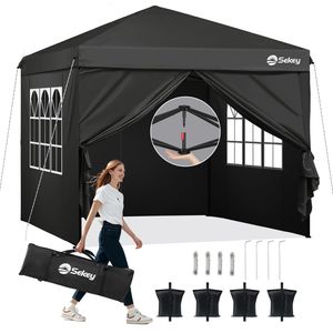 Sekey Faltpavillon 3x3 mit 4 Seitenwänden und mit 4 Sandsäcke, Wasserdicht Pop Up Pavillon für Camping, Festival, Events, Picknicks, Schwarz