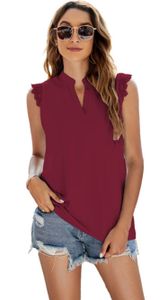 ASKSA Damen Ärmellos T-Shirt Elegant Bluse V-Ausschnitt Spitzen Hemd Lässige Sommer Top Einfarbiges Oberteile, Rotwein, M