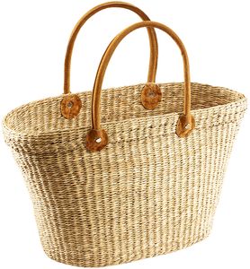 Kobolo Basket Bag Nákupní taška Wicker Beach Bag Seaweed Bag Přírodní kožené rukojeti
