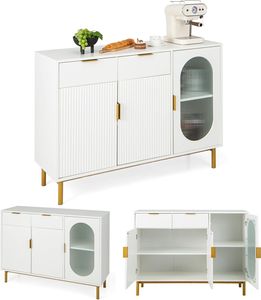 KOMFOTTEU Küchenschrank Sideboard Weiß, Buffetschrank mit Glastür & Metallbeinen, Standschrank aus Holz mit 2 Schubladen & Türschränken, 120x40x88 cm