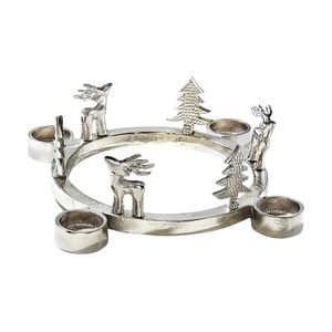 Kobolo Kerzenhalter Teelichthalter -Rentiere+Tannen-Metall -rund-silber- 32x8 cm