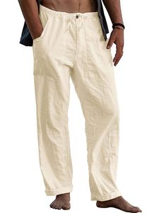 Herren Leinenhose Baumwolle Hosen mit Taschen Übergröße Elastischer Bund Freizeithose Khaki,Größe:M