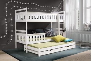 Etagenbett »Hochbett KEV für 3 Kinder 90x200 Weiß« (Vollholz massiv, mit Rausfallschutz, Lattenrost und 2 Schubladen), in 2 Betten umbaubar . Etagenbett »Hochbett KEV für 3 Kinder 90x200 Weiß« (Vollholz massiv, mit Rausfallschutz, Lattenrost und 2 Schubladen), in 2 Betten umbaubar .