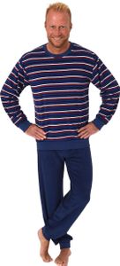 Herren Frottee Pyjama langarm Schlafanzug mit Bündchen in Streifenoptik - 59885 ; marine , 52