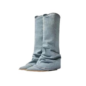 Damen Breites Bein Stiefel Kalbsstiefel Booties Komfort Spitzstiefel Jeans Mode Schuhe Blau,Größe:EU 40