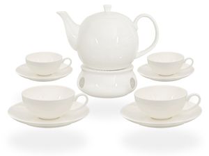 Buchensee Teeservice / Teeset / Teekanne 1,5 liter mit Stövchen und 4 Tassen je 150ml in weiß, Fine Bone China