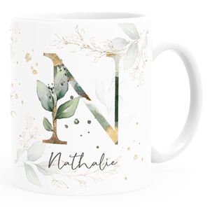 Kaffee-Tasse mit Buchstabe Monogramm personalisiert mit Wunschname Initiale Blätter-Motiv persönliche Geschenke SpecialMe® weiß Keramik-Tasse