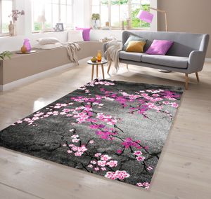 Designer Teppich mit Blumenmuster Grau Lila Pink Größe - 120x170 cm