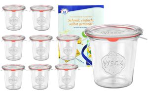 9er Set Weck Gläser 580ml Sturzgläser mit 9 Glasdeckeln, 9 Einkochringen und 18 Klammern