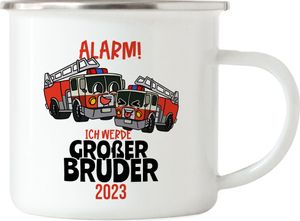 Ich Werde Großer Bruder 2023 Emaille Tasse Ankündigung Schwangerschaft Feuerwehr-Auto Alarm Babynews