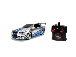 Jada Toys Fast & Furious RC-Auto, 2002 Nissan Skyline GT-R, R34, Ferngesteuertes Auto, Turbofunktion, 2-Kanal Funkfernbedienung, USB-Ladefunktion, inkl. Batterien, 1:16, blau/Silber
