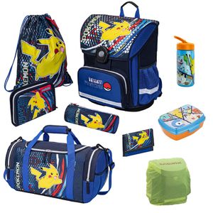 Pokemon Schulranzen für die 1. bis 4. Klasse Blaue Schultasche mit Pikachu Motiv im 9-teiligen Set mit Dose, Flasche und großer Sporttasche