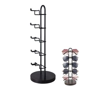 Brillenhalter, Sonnenbrillen-Organizer, Metallrahmen mit Holzsockel, Fasst 5 Brillen-Displays, für Tische, Schreibtische, Arbeitsplatten, 11x11x33cm