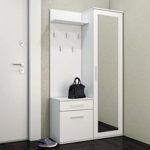 120 cm breit Kompaktgarderobe Fiora 3-st. Garderoben-Set Garderobenschrank Paneel Schuhschrank inkl. Spiegel, Farbe: Weiß