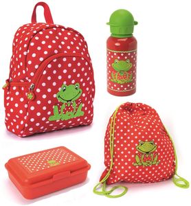 Kinder Rucksack Set 4tlg. für Mädchen Die Spiegelburg Fröhliche Tupfen rot mit Punkte Frosch Stickerei für den Kindergarten