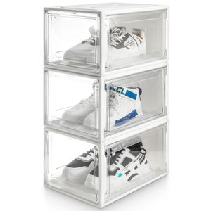 Yorbay Schuhbox 3er Set, für Schuhe bis Größe 48 ,Stapelbarer Schuhorganizer, Kunststoffbox mit Durchsichtiger Tür, Super Transparent Weiß