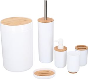 alpina Badezimmer Set 6 Teilig - Bambus Badaccessoires - Toilettenzubehörset mit Spender, Mülleimer, Zahnbürstenhalter, Zahnputzbecher, Toilettenbürste und Seifenschale - Weiß
