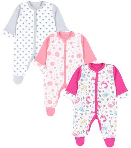 TupTam Baby Mädchen Schlafstrampler Strampler mit Fuß Schlafanzug 3er Pack, Farbe: Dino Rosa Gelb Sterne Grau Weiß Spinne Punkte, Größe: 68