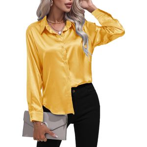 Damen Bluse Elegant Satin Langarm Business Oberteile Weiche Tunika Lässige Hemdbluse Gelb,Größe:EU M