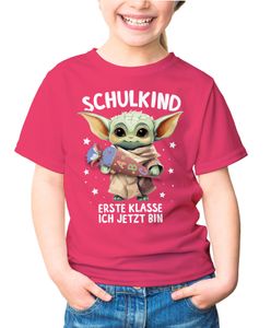 Kinder T-Shirt Mädchen Einschulung Baby Yoda Schulkind Erste Klasse ich jetzt bin Spruch lustig Schulanfang Moonworks® pink 129-140 (9-10 Jahre)