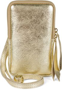styleBREAKER Damen Leder Handy Umhängetasche aus weichem Veloursleder, Reißverschluss, Echtleder Mini Bag 02012373, Farbe:Gold