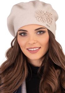Vivisence Baskenmütze Damen mit Blumenapplikation Universalgröße - Mütze Damen Winter für Elegante Frauen Strickmütze herbst Wollmütze warm - Beige