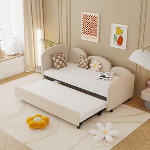 LVHOM Tagesbett 90x200cm mit ausziehbarem Bett, Schlafsofa Samtbezug, Daybett Kinderbett Jugendbett, Gästebett mit Lattenrost, Beige