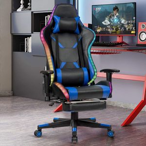 COSTWAY 360°drehbarer Gaming Stuhl mit 358 Lichtmodi verstellbarer Armlehne Rückenlehne & Fußstütze inkl. Fernbedienung Kopf- & Lendenwirbelkissen Blau