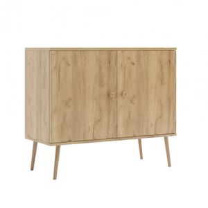 Bettso Kommode mit 2 Türen minimalistisches Sideboard im skandinavischen Stil auf Holzbeinen Griffe aus Jute für Wohnzimmer Schlafzimmer Goldene Eiche