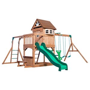 Backyard Discovery Montpelier Spielturm aus Holz | Stelzenhaus für Kinder mit Rutsche, Schaukel, Kletterwand, Picknicktisch | XXL Spielhaus /