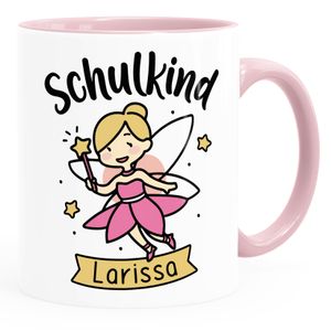 Kindertasse Schulkind Wunschname Geschenk zur Einschulung für Mädchen personalisiert SpecialMe® inner-rosa Keramik-Tasse