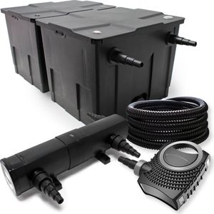 Kompletní sada Wiltec: CBF-350B jezírkový filtr do 60000 l jako průtokový filtr, NEO10000 SuperECO jezírkové čerpadlo 10000l/h 80W, CUV-236 jezírkový čistič UVC s 36W, 25m jezírková hadice 25 mm