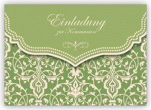 4x Frische Einladungskarte mit Vintage Damast Muster in Frühlings grün für Mädchen: Einladung zur Kommunion