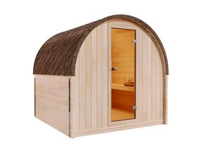 FinnTherm Fasssauna ScandiPod Comfort Fasssauna 2 Sitzbänke aus Holz, Sauna mit 42 mm Wandstärke, Außensauna