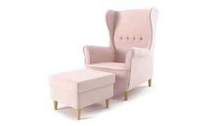 Ohrensessel Milo mit Hocker - Farben zur Auswahl -Sessel für Wohnzimmer & Esszimmer Skandinavisch - Relax Sessel aus Webstoff - FARBE: HELLPINK