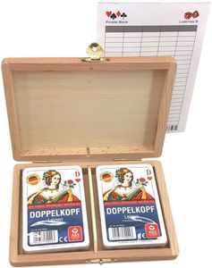 Doppelkopf Box Leinen Qualität, Holz Kassette mit zwei Kartenspielen